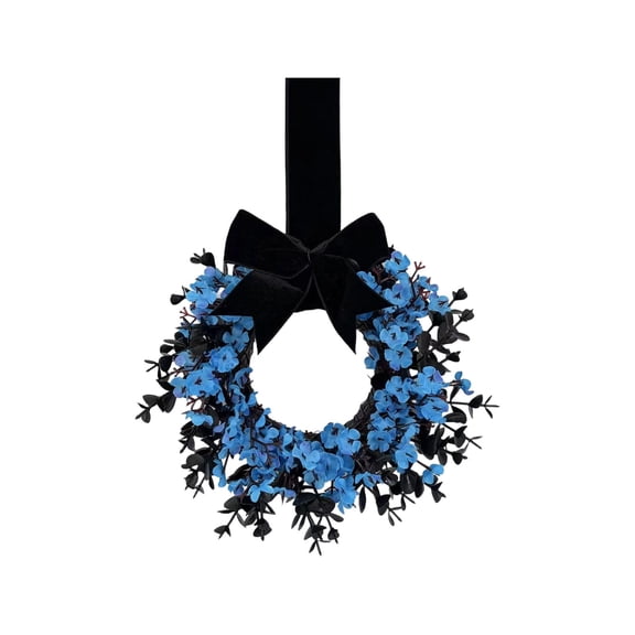 Anmrize 9" Halloween Floral Wreath, Black Velvet Bow Door Decor, Multi-Color Spooky Wreath, October Front Entry Hanging, Multi-Color Floral Black Bow Halloween Front Door Wreath, Blue