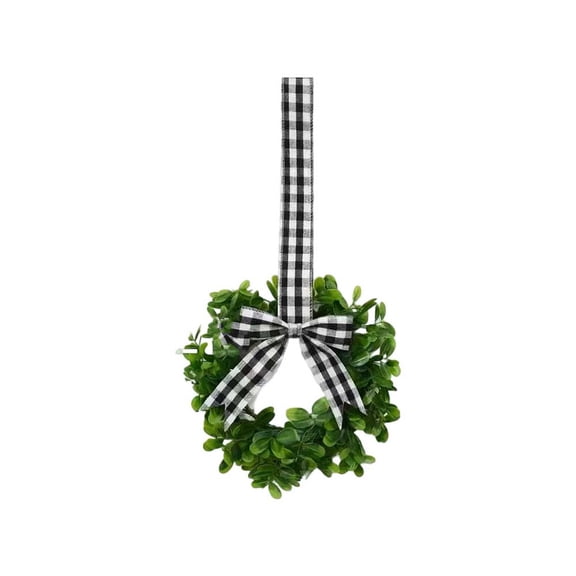 Anmrize 9" Mini Boxwood Buffalo Plaid Wreath, Mini Eucalyptus Wreath Front Door Small Wreath Green Artificial Wreath Summer Spring Farmhouse Porch Wall Window Green Decoration, Green