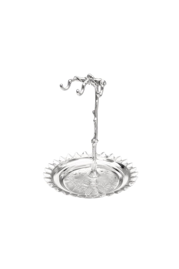 Grapevine Stand, Silver Display Tray, Elegant Silver Grapevine Stand Decorative Fruit Display Tray Ring Jewelry Organizer Tree Branch Hanging Hooks With Textured Pedestal Base, silver