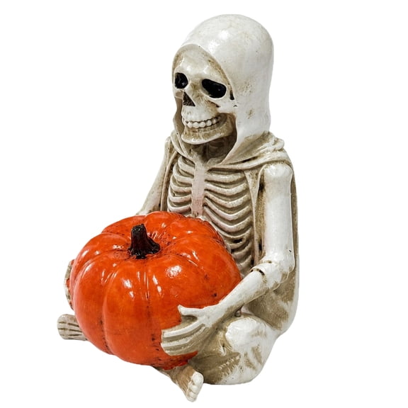 Anmrize Hooded Skeleton Pumpkin Statue, Sitting Reaper Skeleton Table Ornament, Hooded Skeleton Sitting Holding Pumpkin Resin Figurine Gothic Halloween Table Decor, White