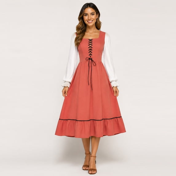 Anmrize Long Sleeve Medieval Costume, Halloween Party Cosplay Dress, Lace-Up Vintage Midi Dress, Renaissance Costume Women Peasant Medieval Dress Short Sleeve Maxi Fairy Dresses, Orange M