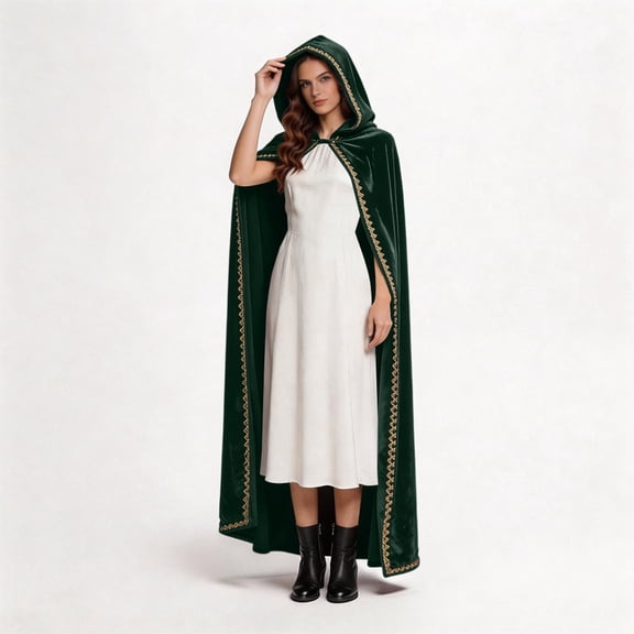 Anmrize Medieval Renaissance Cloak, Gold Trim Halloween Costume, Soft Hooded Cape, Medieval Cloak With Hood Wizard Cloak Halloween Renaissance Hooded Cape for Man and Women, Green M