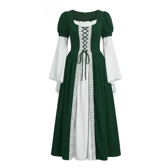 Anmrize Medieval Square Neck Dress, Puff Sleeve Lace Up Dress, Two Tone Historical Costume, Renaissance Costume Women Peasant Medieval Dress Long Sleeve Maxi Fairy Dresses, Dark Green M