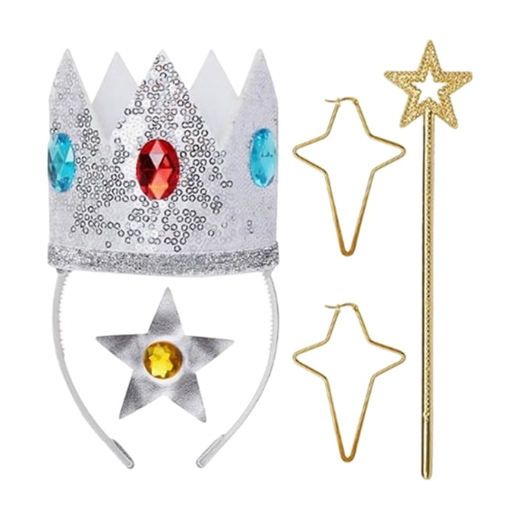 Anmrize Princess Crown and Wand Set, Sparkly Party Accessory, Costume Kit, Costume Accessories Set Red Blue Rhinestone Headband Crown Clip On Earrings Dress Up for Halloween Cosplay, White