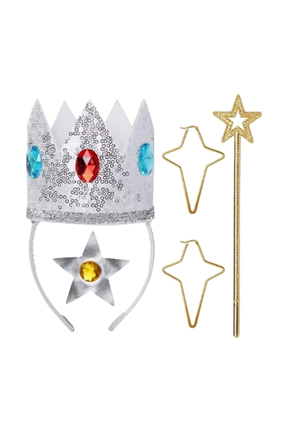Princess Crown and Wand Set, Sparkly Party Accessory, Costume Kit, Costume Accessories Set Red Blue Rhinestone Headband Crown Clip On Earrings Dress Up for Halloween Cosplay, White