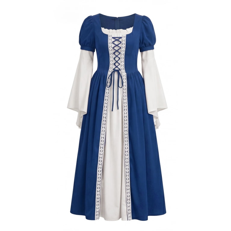 Anmrize Renaissance Long Gown, Medieval Square Neck Dress, Puff Sleeve Lace Up Dress, Renaissance Costume Women Peasant Medieval Dress Long Sleeve