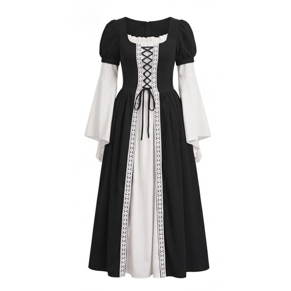 Anmrize Renaissance Long Gown, Medieval Square Neck Dress, Puff Sleeve Lace Up Dress, Renaissance Costume Women Peasant Medieval Dress Long Sleeve Maxi Fairy Dresses, Black L