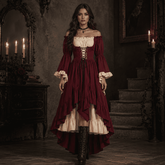 Anmrize Off Shoulder Renaissance Dress, Layered Hem Cosplay Costume, Full Length Halloween Dress, Renaissance Faire Outfit, Womens's Medieval Renaissance Costume Cosplay Over Dress, Wine M
