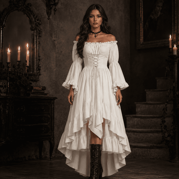 Anmrize Off Shoulder Renaissance Dress, Layered Hem Cosplay Costume, Full Length Halloween Dress, Renaissance Faire Outfit, Womens's Medieval Renaissance Costume Cosplay Over Dress, White M