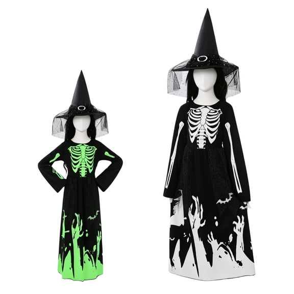 Anmrize Skeleton Witch Costume, Halloween Witch Dress, Glow Skeleton Printed Gown, Glow In The Dark Skeleton Witch Long Dress With Pointed Hat Halloween Cosplay Outfit,Black Witch Costume, L