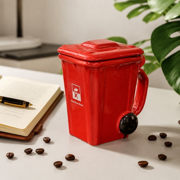 Anmrize Spoof Office Desk Gadget, Novelty Ceramic Coffee Mug, Creative Trash Can Ceramic Mug Funny Novelty Garbage Bin Coffee Cup Spoof Office Desktop Water Milk Tea Mug Humorous Gift, Red