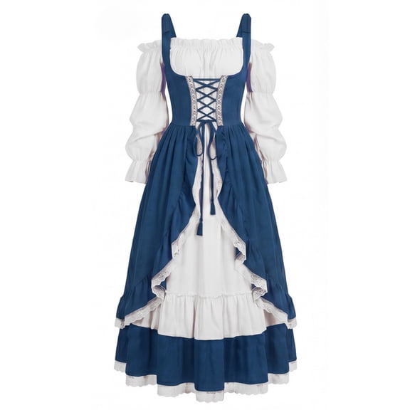 Anmrize Tiered Skirt Historical Costume, Halloween Renaissance Dress, Medieval Dress, Renaissance Puff Sleeve Gown, Womens's Medieval Renaissance Costume Cosplay Over Dress, Blue S