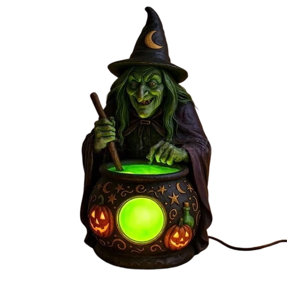 Anmrize Witch Cauldron Lamp, Halloween Figurine, Witch Cauldron Led Figurine Lamp Halloween Witch Prop Decor Color Changing Light Mystical Magic Potion Cauldron Statue Haunted House Display, Black
