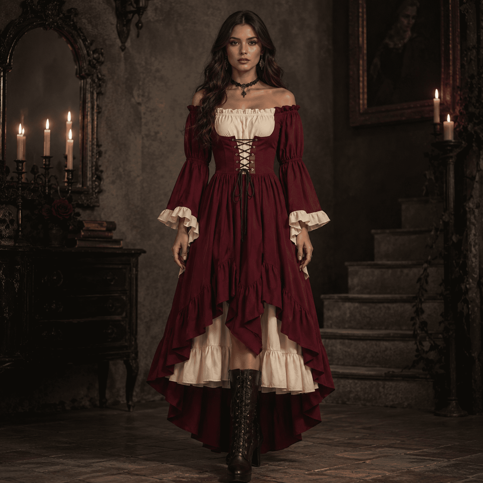 layered renaissance dress Wholesale Renaissance Faire Layered Full Costume Fitted Lace-up Irish Dress with Capped Sleeve Chemise for your store