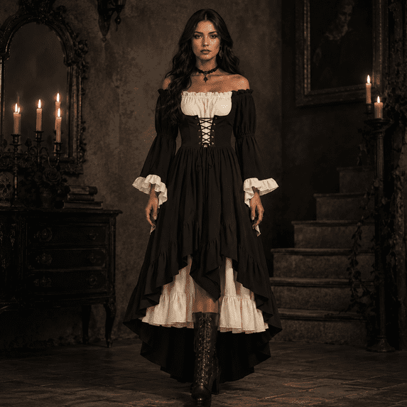 Anmrize Women Medieval Victorian Gown, Off Shoulder Renaissance Dress, Layered Hem Cosplay Costume, Full Length Halloween Dress, Womens's Medieval Renaissance Costume Cosplay Over Dress, Black L