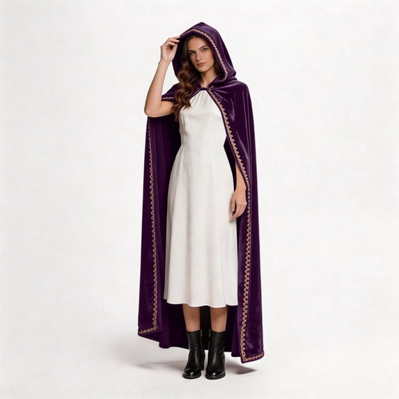 Anmrize Women's Hooded Velvet Cape, Medieval Renaissance Cloak, Gold Trim Halloween Costume, Medieval Cloak With Hood Wizard Cloak Halloween Renaissance Hooded Cape for Man and Women, Purple M