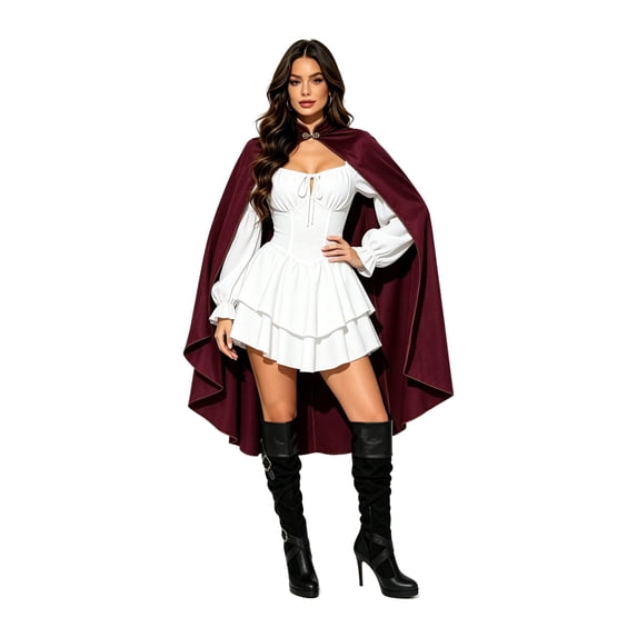 Anmrize Women's Medieval Cloak Stand Collar Deluxe Velvet Gold Trim Renaissance Cape for Adult-Wine Red