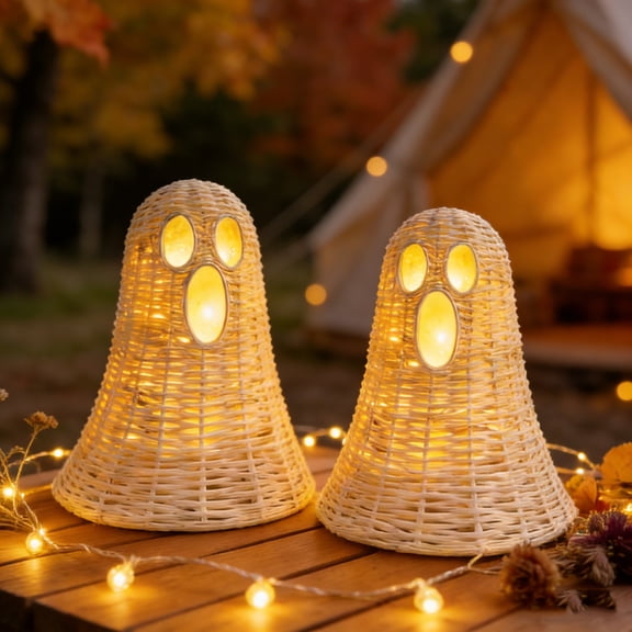 Anmrize Woven Ghost Lantern, Rattan Ghost Light, Tabletop Halloween Decor, Prelit Ghost Decor, Straw Ghost Lights, Halloween Woven Rattan Ghost Lantern Tabletop Holiday Pre Lit Decoration, White
