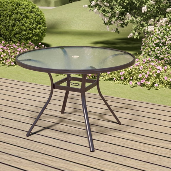 Anmutig Glass Dining Table,40" Outdoor Round Patio Table with Steel Base & 1.7" Umbrella Hole,Brown Frame