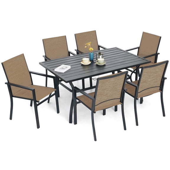 Anmutig Patio Dining Set,Including 60"x 38" Steel Slat Dining Table and 6 Stackable Patio Chairs,Outdoor Furniture Set with 1.6" Umbrella Hole for All Weather