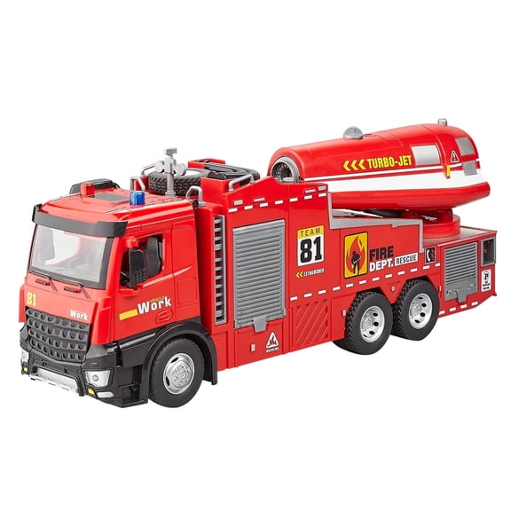 AnmyJuly Alloy Diecast Turbo Jet Rescue Fire Truck Model, Sprayable Fire Engine with Light & Siren Sound, 360 Rotatable Turret, Openable Doors & Compartments, Collectible Vehicle