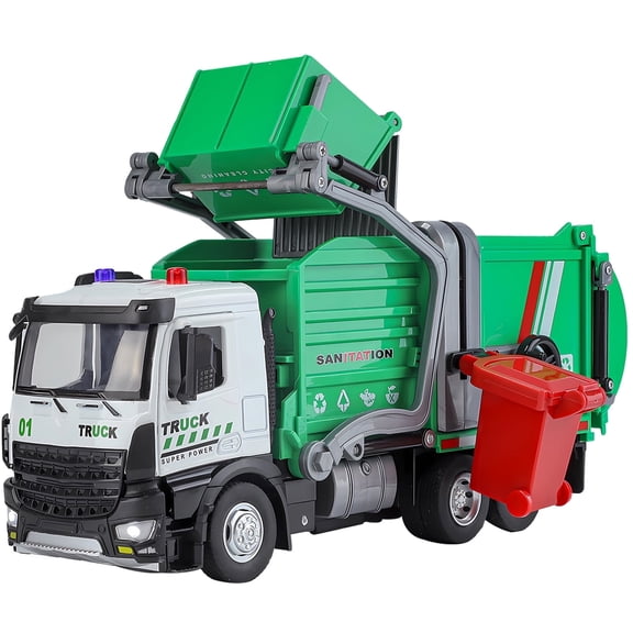 Anmyjuly Alloy Garbage Truck Toys for Boys Age 4-7 with Sound and Steering Wheels - Green Toy Dump Truck Model for Kids Birthday and Holiday Gifts