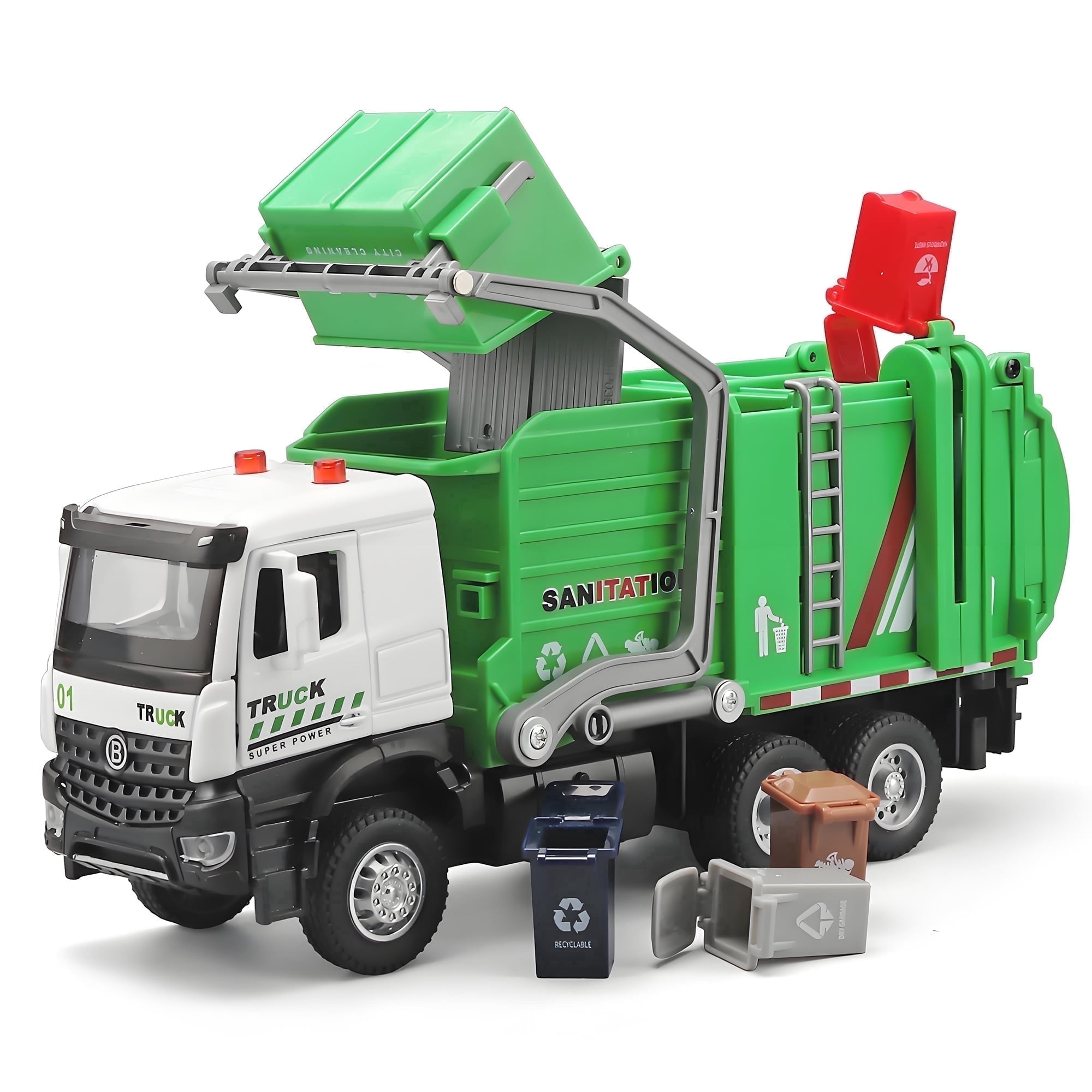 Anmyjuly Garbage Truck Toy for Kids, Pull Back with Lights and