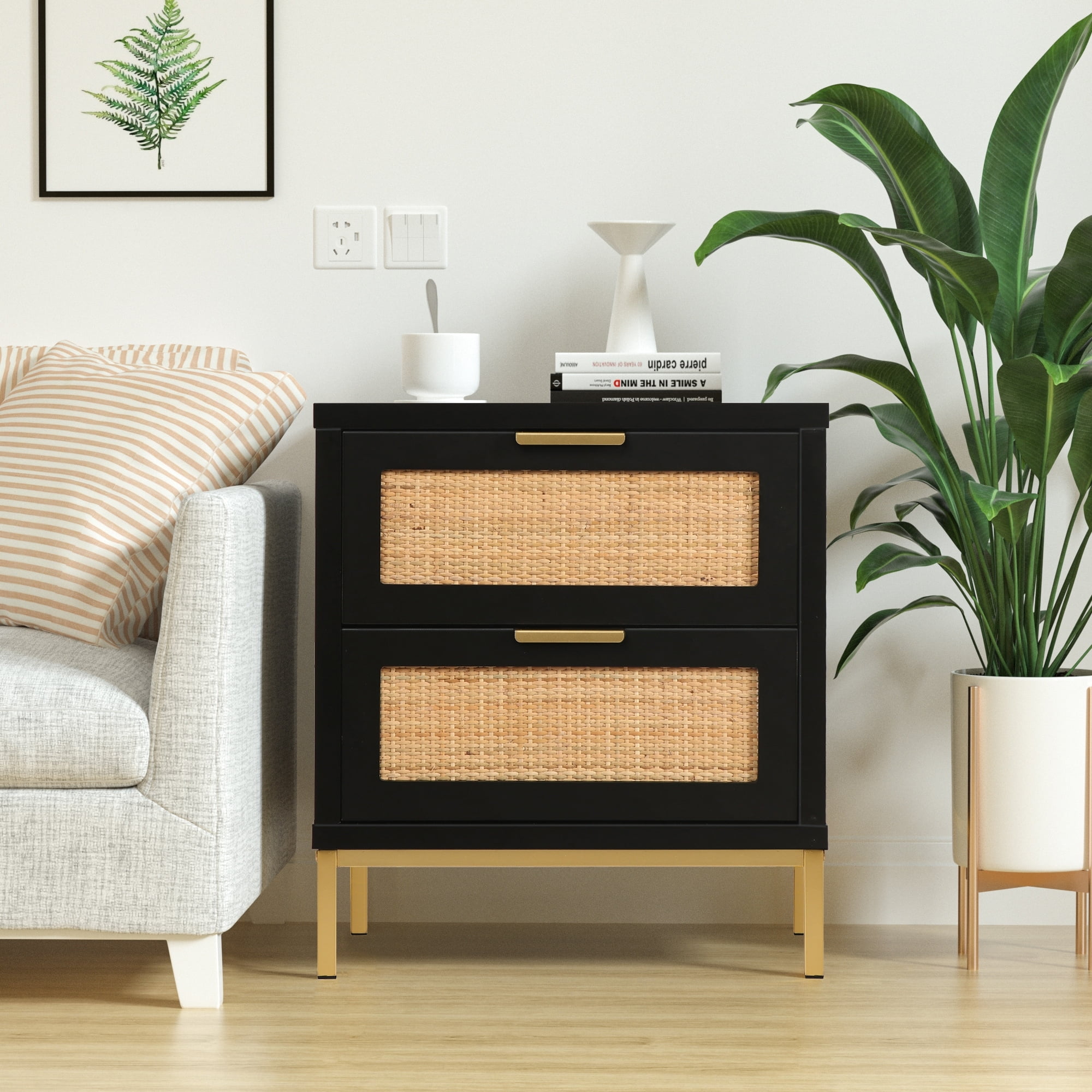 Black and rattan nightstand discount