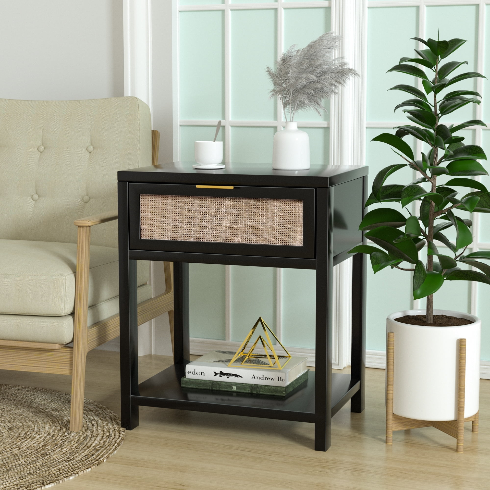 Black Wood Nightstand with Rattan Drawer and Shelf
