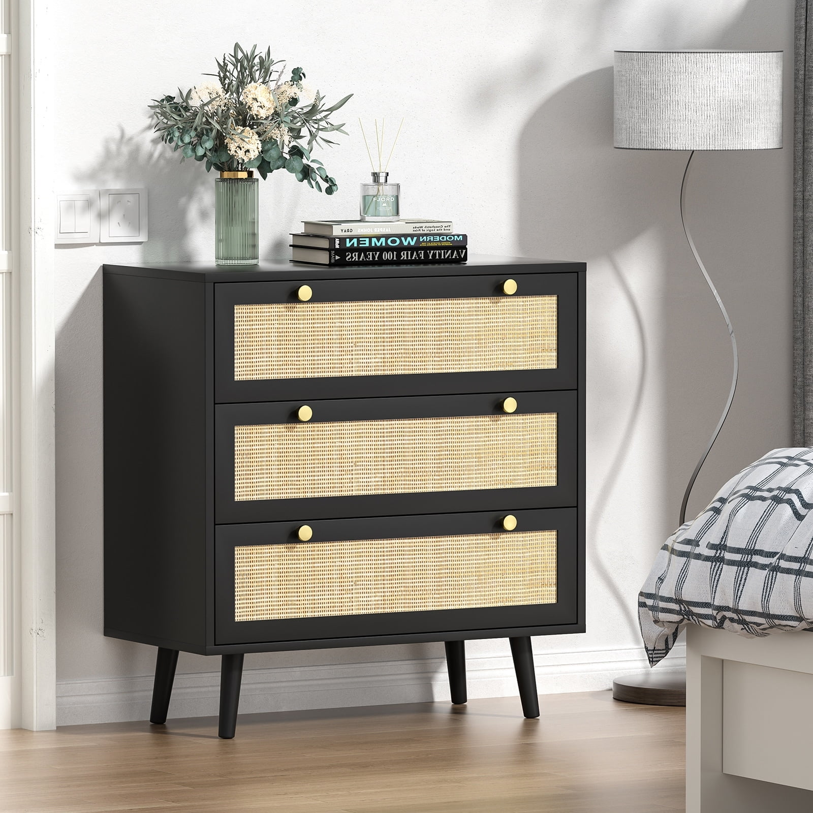 Anmytek Modern 3-Drawer Black Dresser Rattan Chest of Drawers for ...