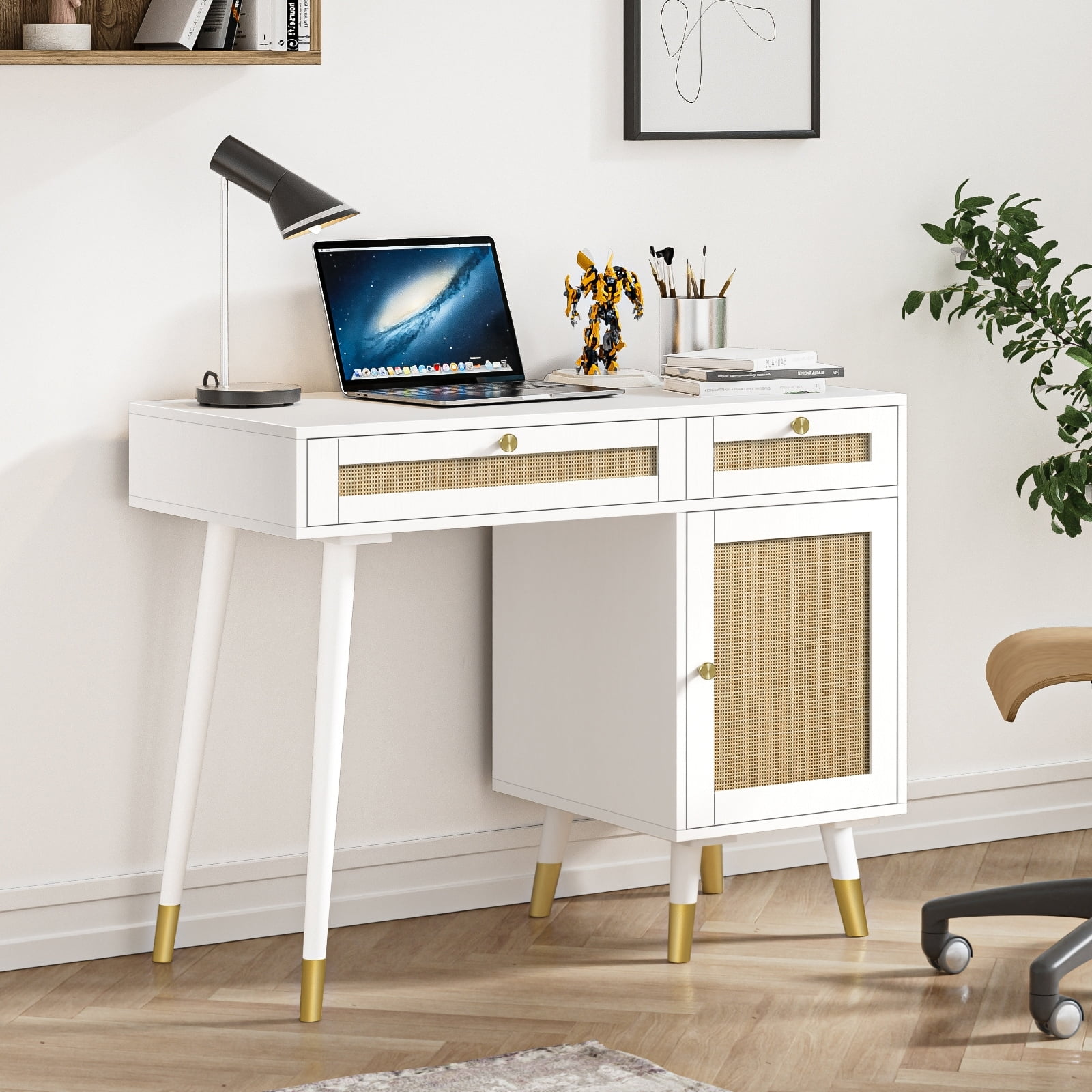 White and Natural Wood Desk with Rattan Drawers and Filing Cabinet