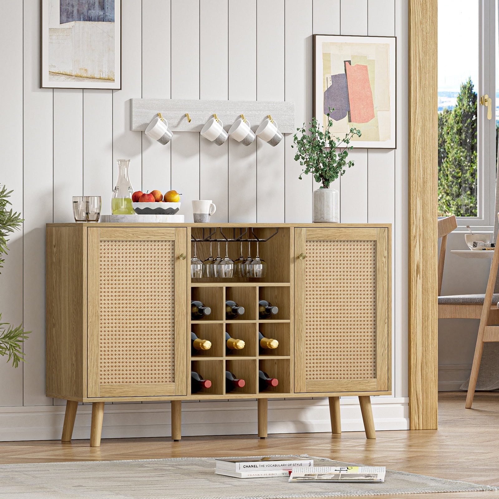 Natural Oak and Rattan 2-Door Wine Cabinet with Glass Holder