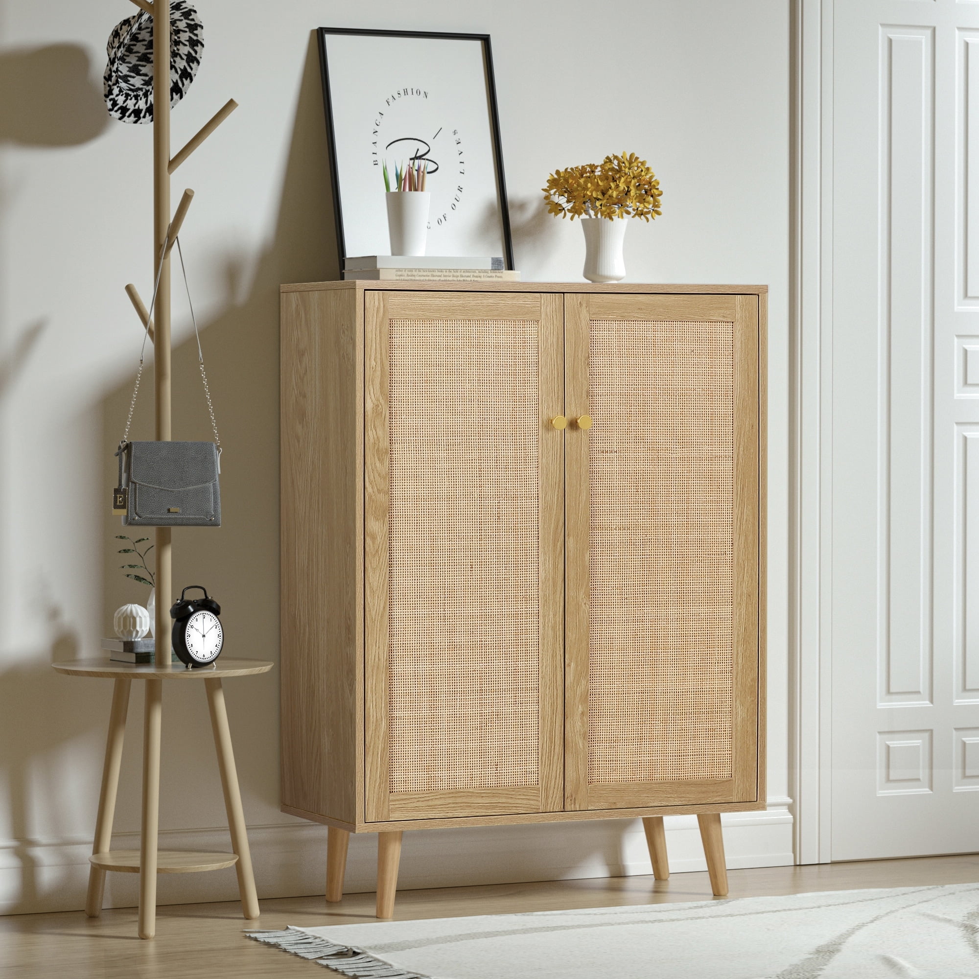Rustic Oak and Rattan 2-Door Buffet Sideboard with Adjustable Shelves