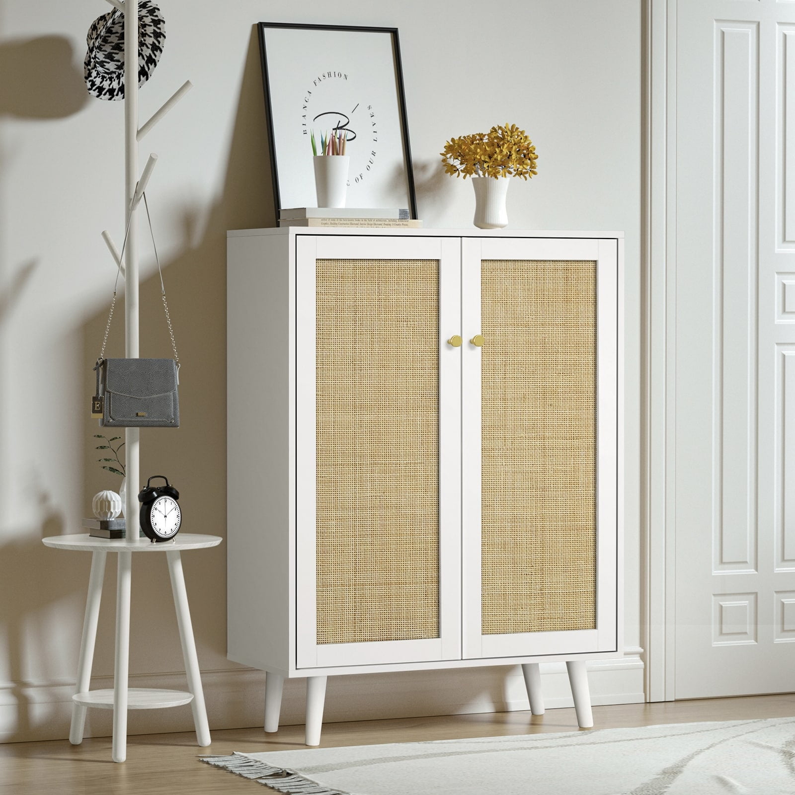 White and Natural Oak Wood Rattan 2-Door Buffet Sideboard