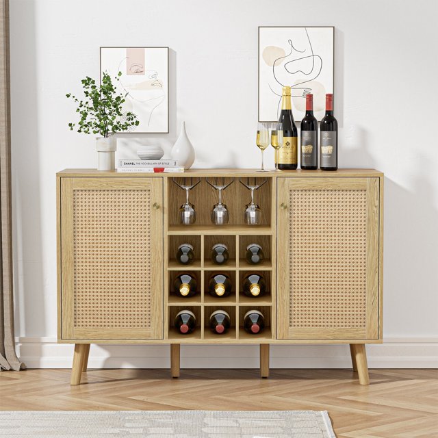 Anmytek Oak Rattan Wine Bar 2Door Farmhouse Liquor
