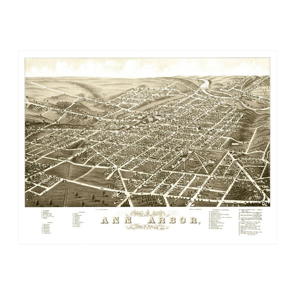Ann Arbor Art, 1880 Vintage Map of Ann Arbor Michigan, MI History Wall Decor Gift, Old Ann Arbor Map - 24" x 18" Unframed Print