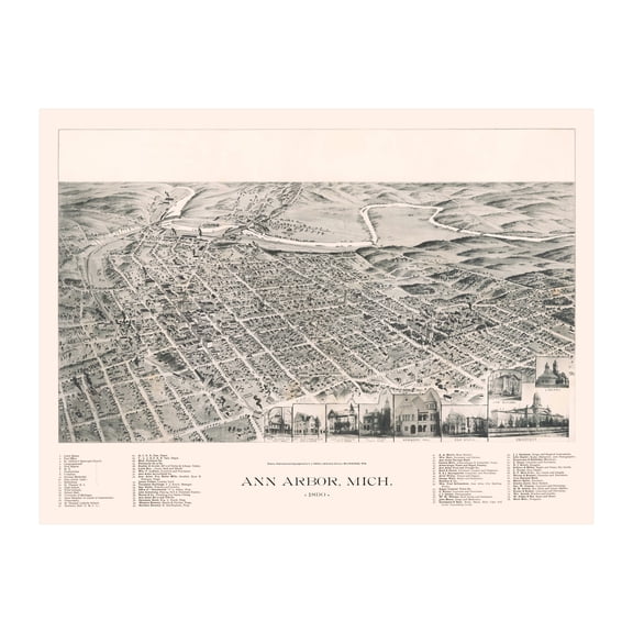 Ann Arbor Art, 1890 Vintage Map of Ann Arbor Michigan, MI History Wall Decor Gift, Old Ann Arbor Map - 24" x 18" Unframed Print