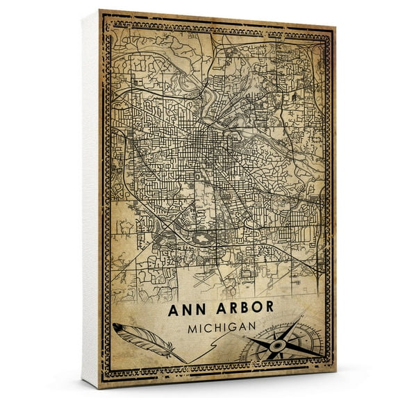 Ann Arbor Vintage Map Prints Canvas, Michigan Map Art Canvas, Canvas, Ann Arbor Map City style Watercolor art Canvas