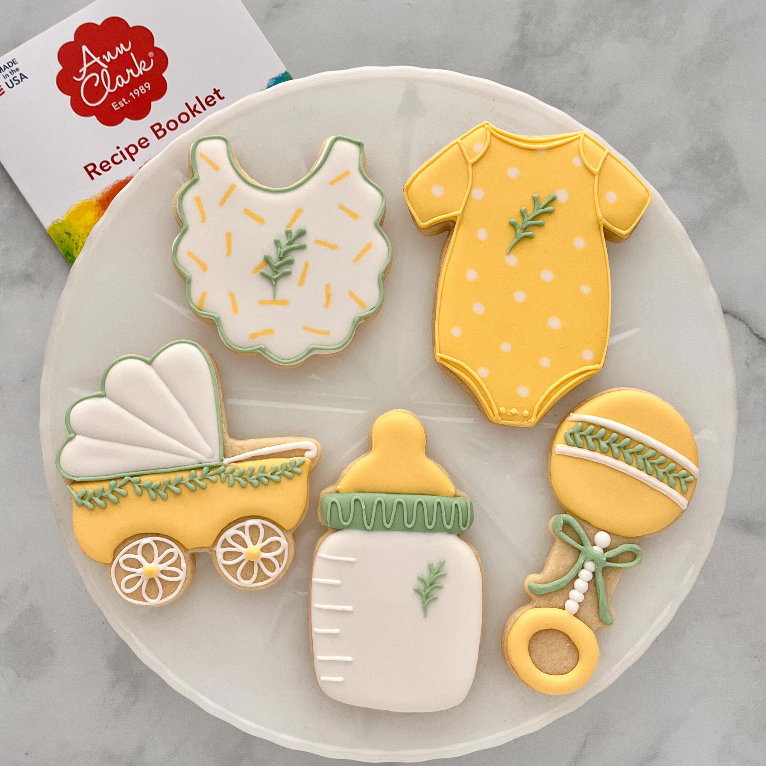 Ann Clark Cookie Cutters 5-Piece Baby Shower Cookie Cutter Set with Recipe Booklet Onesie Bib Rattle Bottle and Baby Carriage