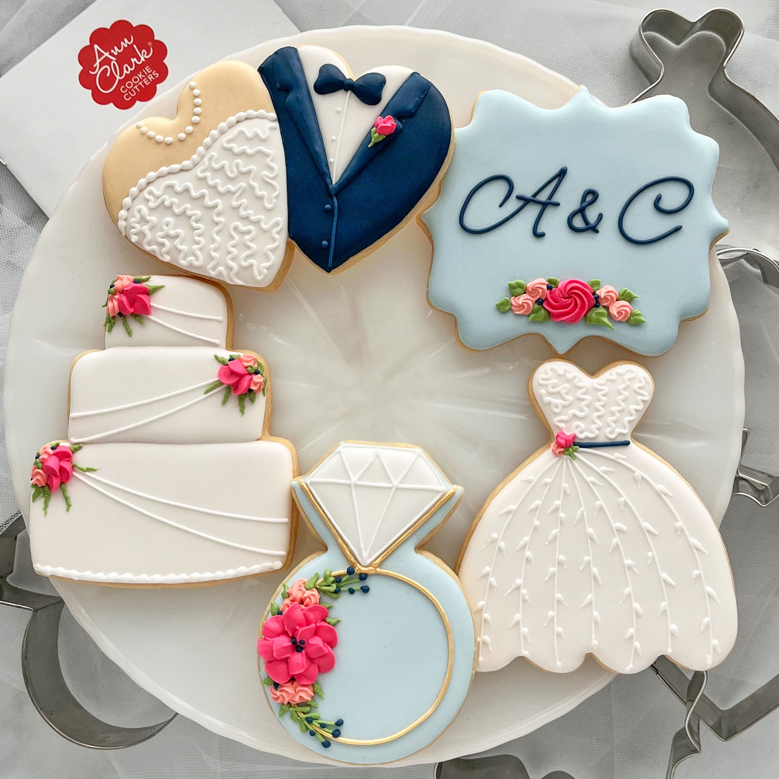 Ann Clark Cookie Cutters Wedding Cookie Cutters 5-Pc Set Made in the USA , Square Plaque, Wedding Cake, Wedding Dress, Diamond Ring, Double Heart