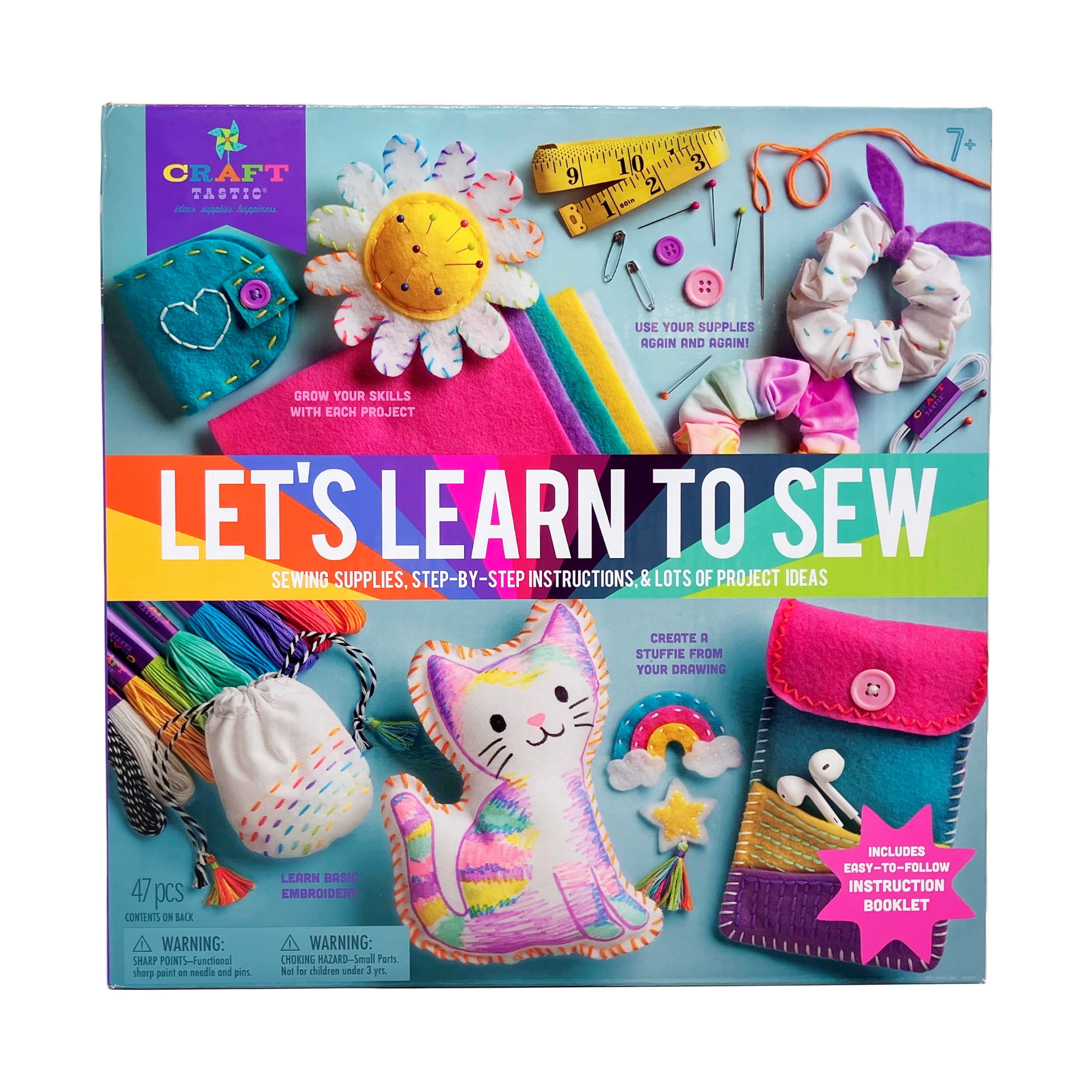 Colorful Kids Sewing Kit with Cat Design and Instructions