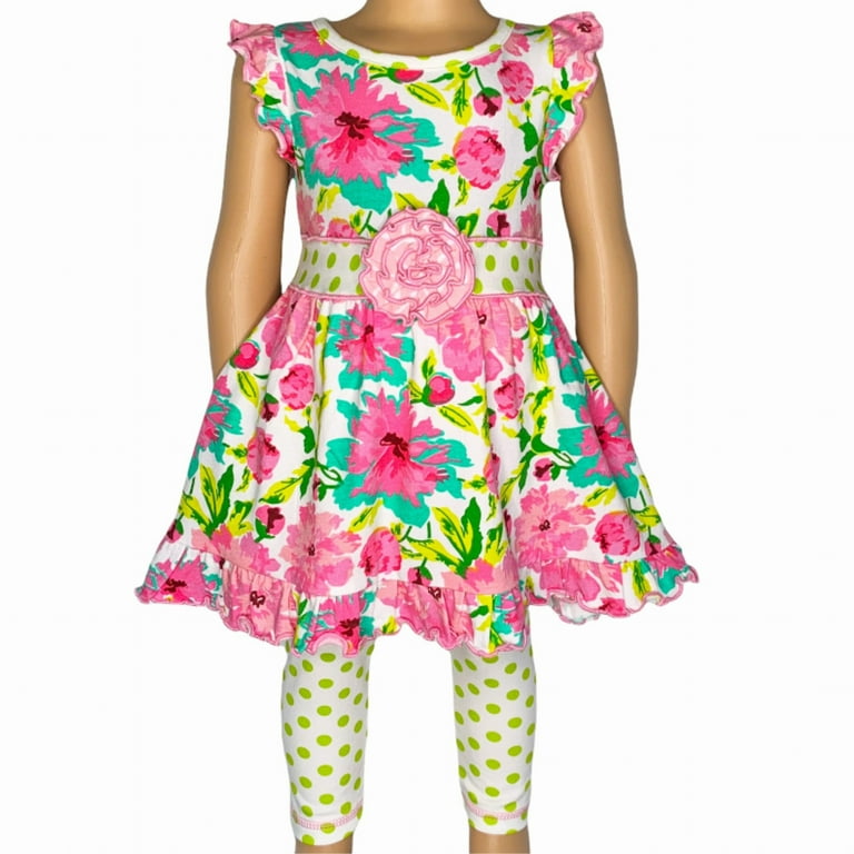 AnnLoren Little & Big Girls Spring Floral Dress Polka Dot Capri