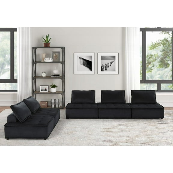 Anna 120" Black Velvet 5 Pc Sofa with Tufted Seat & Pocket Coil Springs