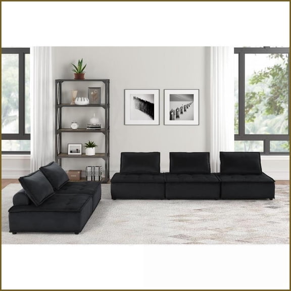 Anna 120" Black Velvet Modular Sofa & Loveseat – Modern Living Room Furniture | Black | Velvet | Armless
