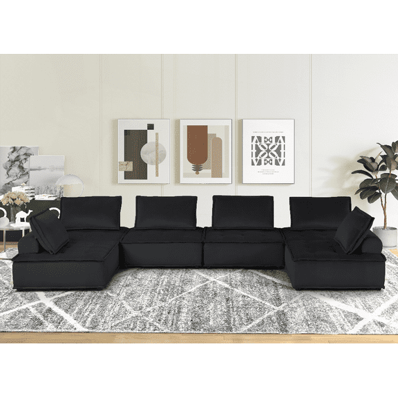 Anna 160" Black Velvet 6-Seater U-Shape Modular Sectional Sofa for Small Spaces & Family Gatherings | Walmart US