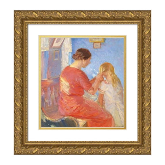 Anna Ancher 20x22 Gold Ornate Framed and Double Matted Museum Art Print Titled - The Mother Braids the Child's Hair