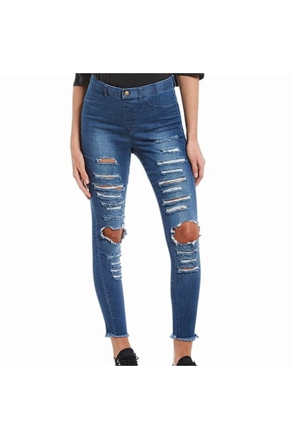 Distressed Ripped Denim Skimmer Leggings, Medium Wash, Size Small