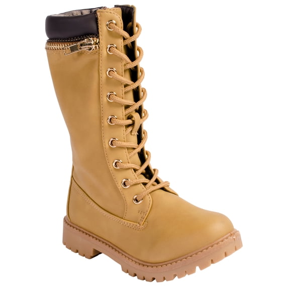 Anna Dallas 17K Girls Lug Sole Lace Up Zip Ankle High Hiking Boots with Top Zipper - Camel, 11