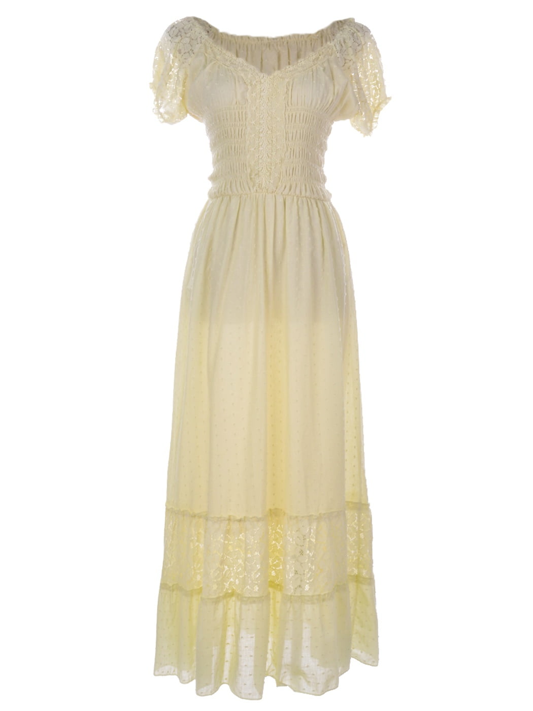 Anna-Kaci Antique Beige Large Size Smocked Waist Summer Maxi Dress Cap  Sleeve 