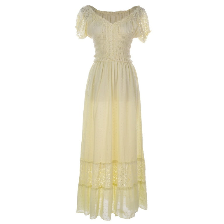 Anna-Kaci Antique Beige Large Size Smocked Waist Summer Maxi Dress Cap  Sleeve